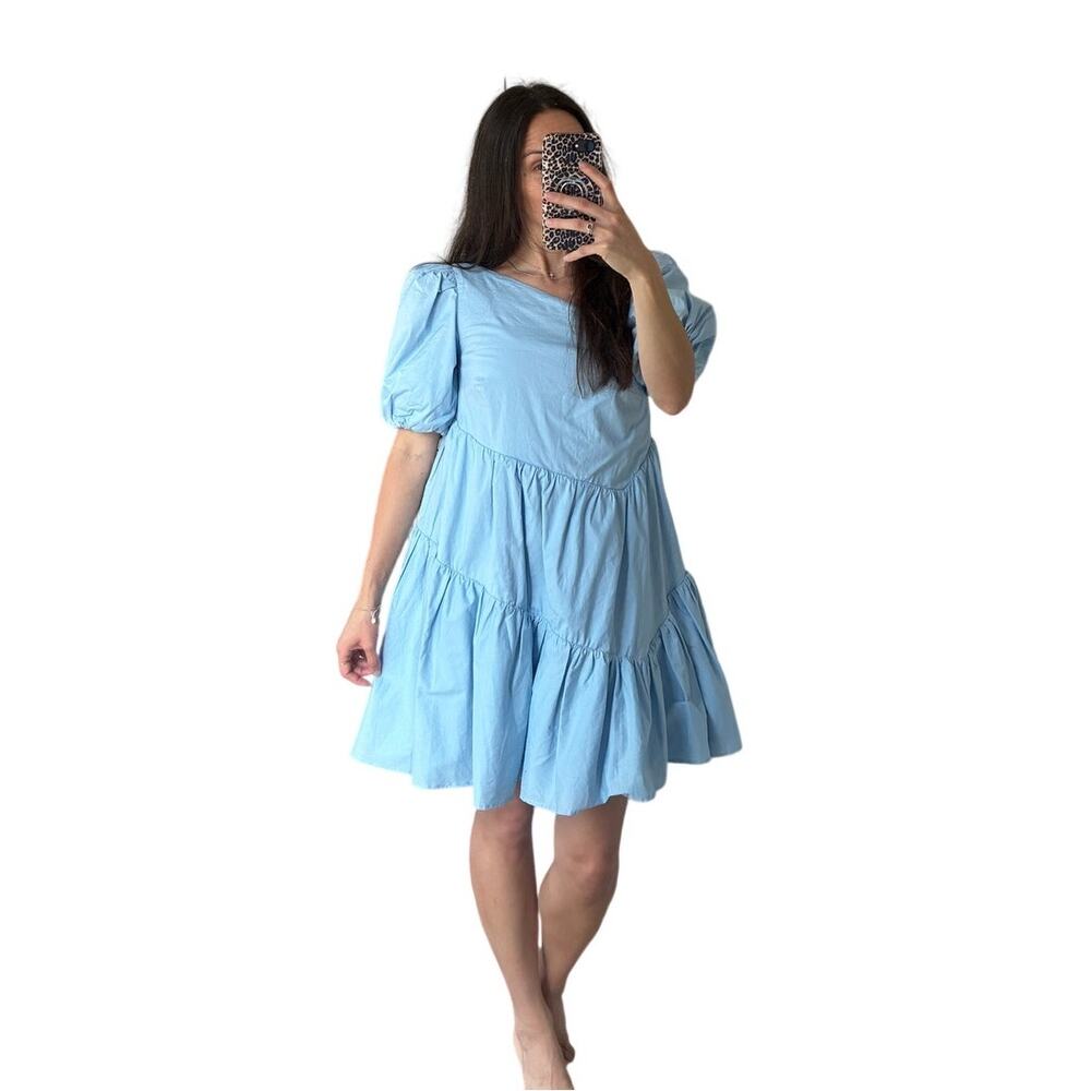 Lovers+Friends Asymmetrical Light Blue Puff Sleeve Myers Tiered Mini Dress Sz XS